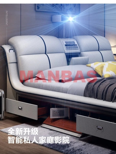 MANBAS Multifunctional Bed Tech Smart Ultimate Beds TATAMI Massage Camas Genuine Leather Bed with Audio,Projector, Air Purifier,