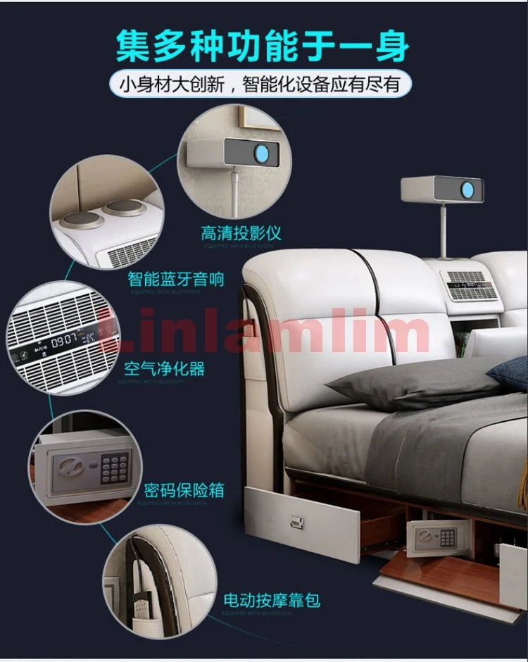 MINGDIBAO Tech-Smart Multifunctional Bed Genuine Leather Ultimate Camas Tatami Lit with Massage, Projector, Air Purifier,Speaker