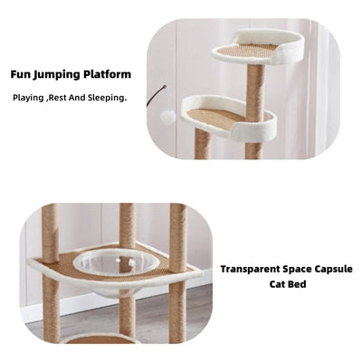 4 Layer Wooden Cat Tree House Space Capsule Cat Bed Rattan Mat Cat Tower With Sisal Rope Cat Scratching Posts Pet Cats Condos