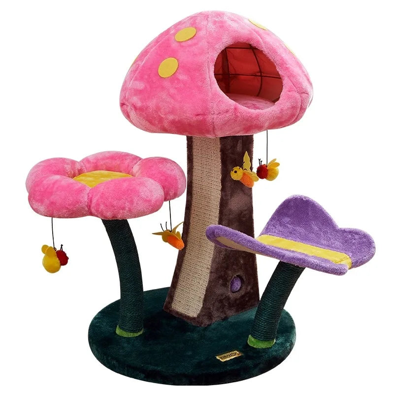 Plush Cat Tree with Flower Mushroom, Safe Comfortable Climbing Tree, Small Mushroom Game, Pet Toys, Fashion Game