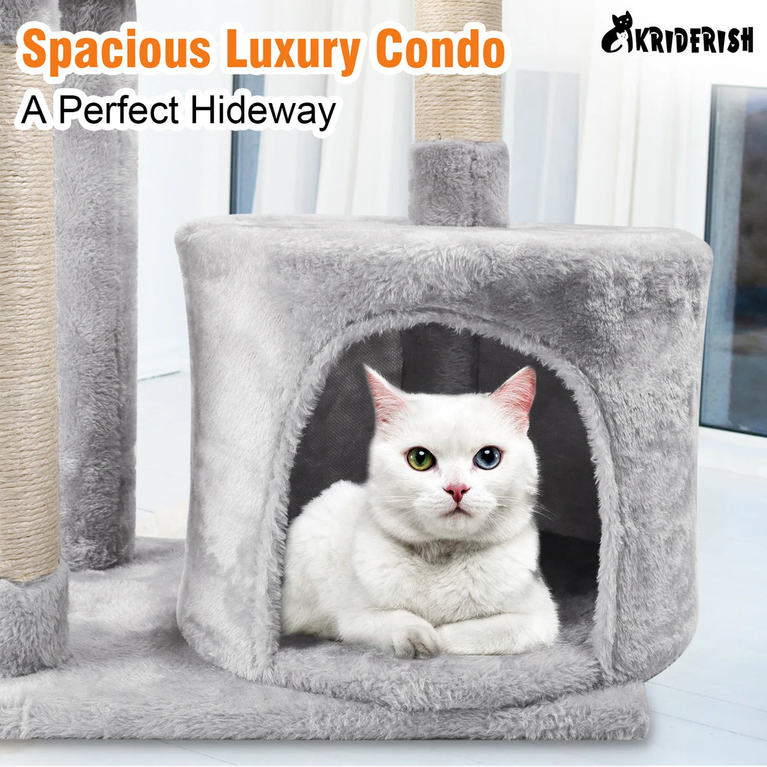 Grey Four Layers Wooden Cat Tree House Multifunction Pet Furniture Kitten Climbing Toy Cat Scratching Posts Cat Tower Soft