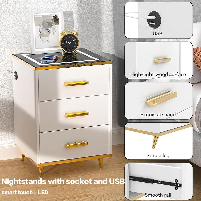 Nightstands With Socket And USB Smart Touch LED Bedside Table Living Room Lighting White Bedside Table Cabinet Table 3 Drawers