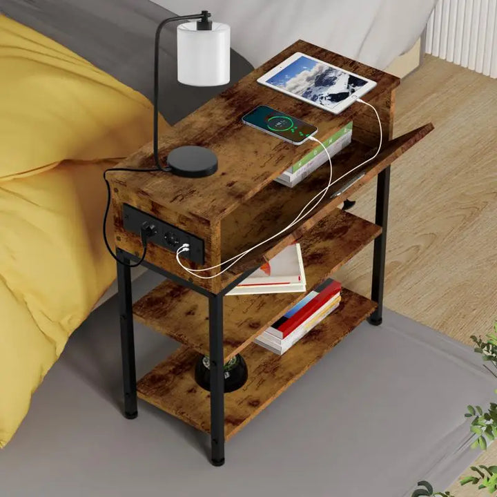 Wooden Bedside Table With Socket Multifunctional Durable Home Storage Bedside Locker Furniture Creative Retro Bedroom Nightstand