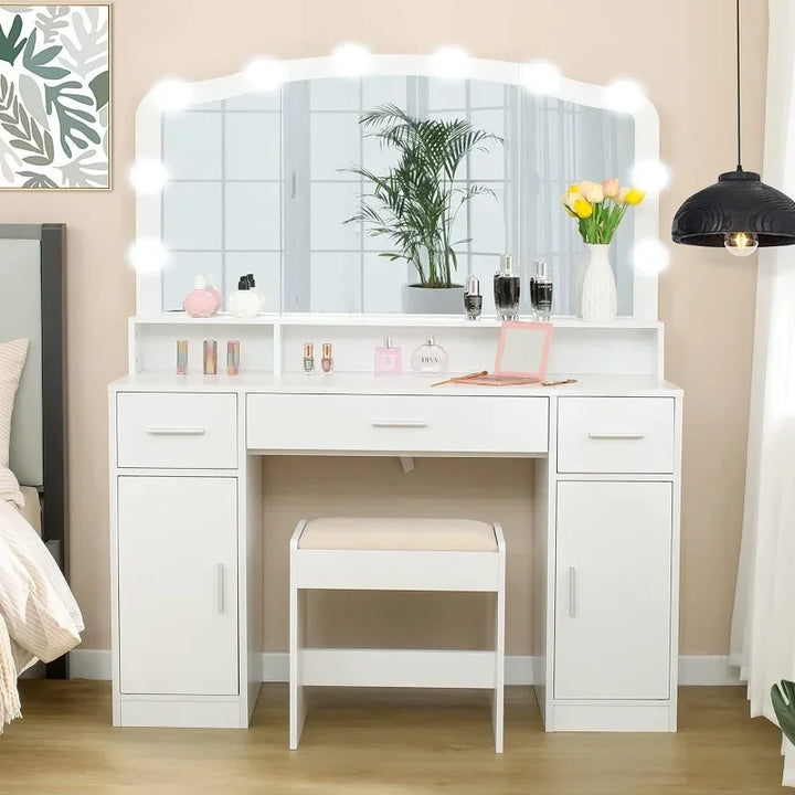 usikey Large Vanity Desk with  Lighted Mirror, Modern Makeup  Table  3 Drawers, 2 Storage Cabinets & 10 LED Bulbs