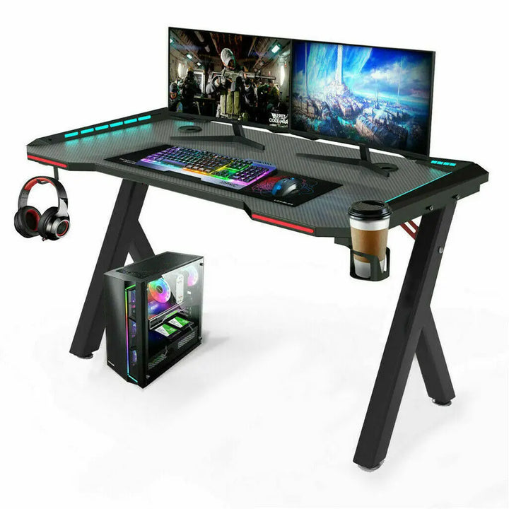 Gaming Desk with USB Ports & LED Lights Gaming Desk PC Computer Gamer Desk with RGB LED Lights, Headphone Hook, Cup Holder | Ergonomic Workstation for Home Offices | Rectangular Shape, Carbon Fiber Design