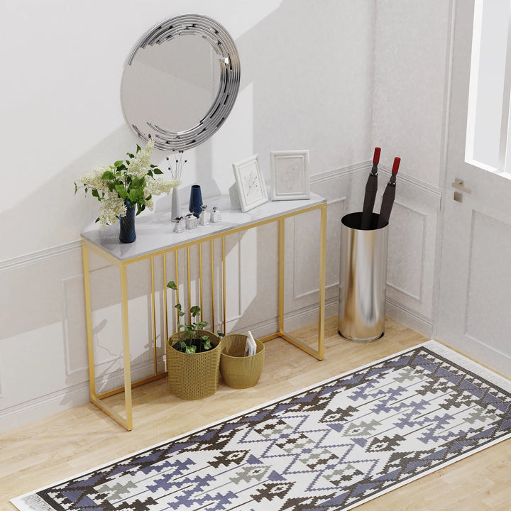 Narrow Modern Accent Console  Table with Sintered Marble Top and Gold Metal Frame