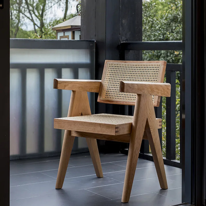 Modern Jeanneret Dining Chair Armchair with Cane Seat and Back Dining Room Funiture with Solid Cherry/Oak Wood Chair For Kitchen