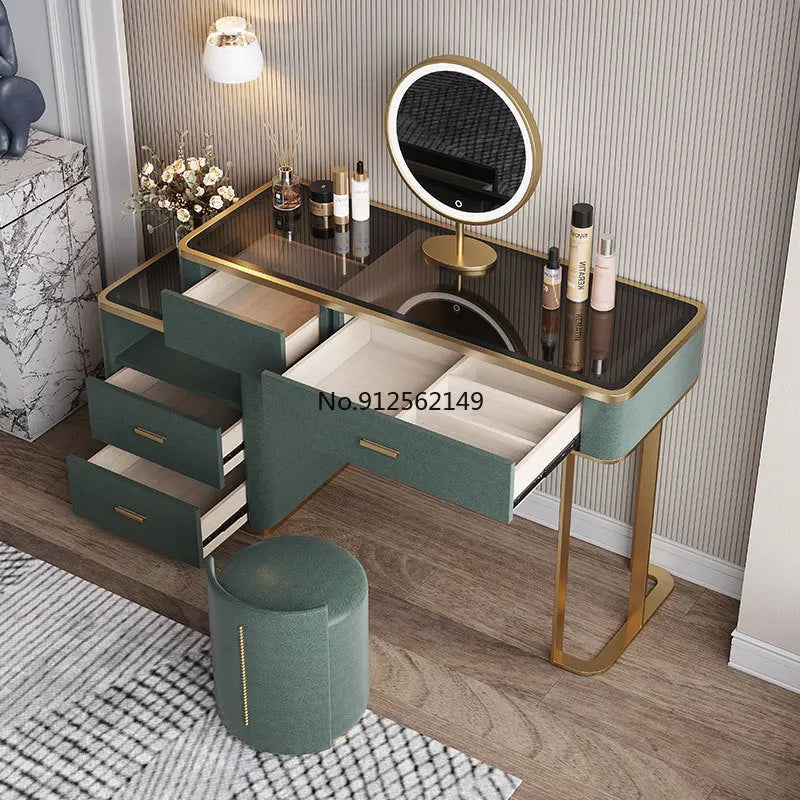 Light Luxury Dressing Table Glass LED Light Storage Modern Minimalist Dressing Table Organizer Meuble De Chambre Home Furniture