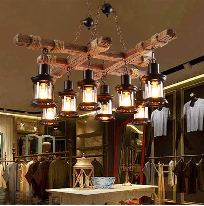 Retro Wood Pendant Lights 8 Head Vintage Industrial Loft Glass Iron LED Chandelier Suspension Lamp Wooden Droplight