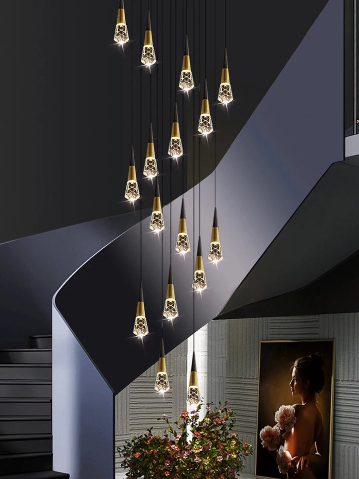 Modern Staircase Chandelier Black Gold Ceiling Hang Lamps Nordic Ceiling Lights for Living Room Creative Crystals Pendant Light