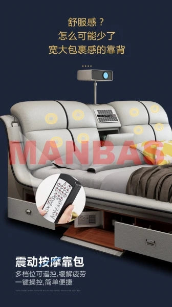 MANBAS Multifunctional Bed Tech Smart Ultimate Beds TATAMI Massage Camas Genuine Leather Bed with Audio,Projector, Air Purifier,