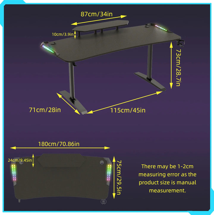 Jumbo Gaming Desk with Monitor Shelf, Large PC Computer Desk with LED Lights, Gaming Table Gamer Desk for Bedroom, Home Office