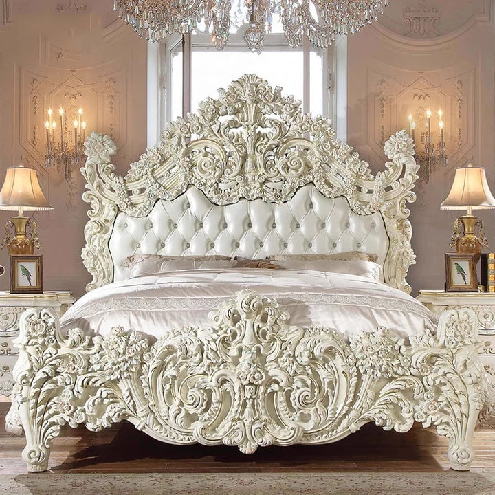 Wooden White Villa Bed High Hand Carved Modern Frames Bed Double Designer Queen Camas Moderrnas Inteligentes Bedroom Furniture