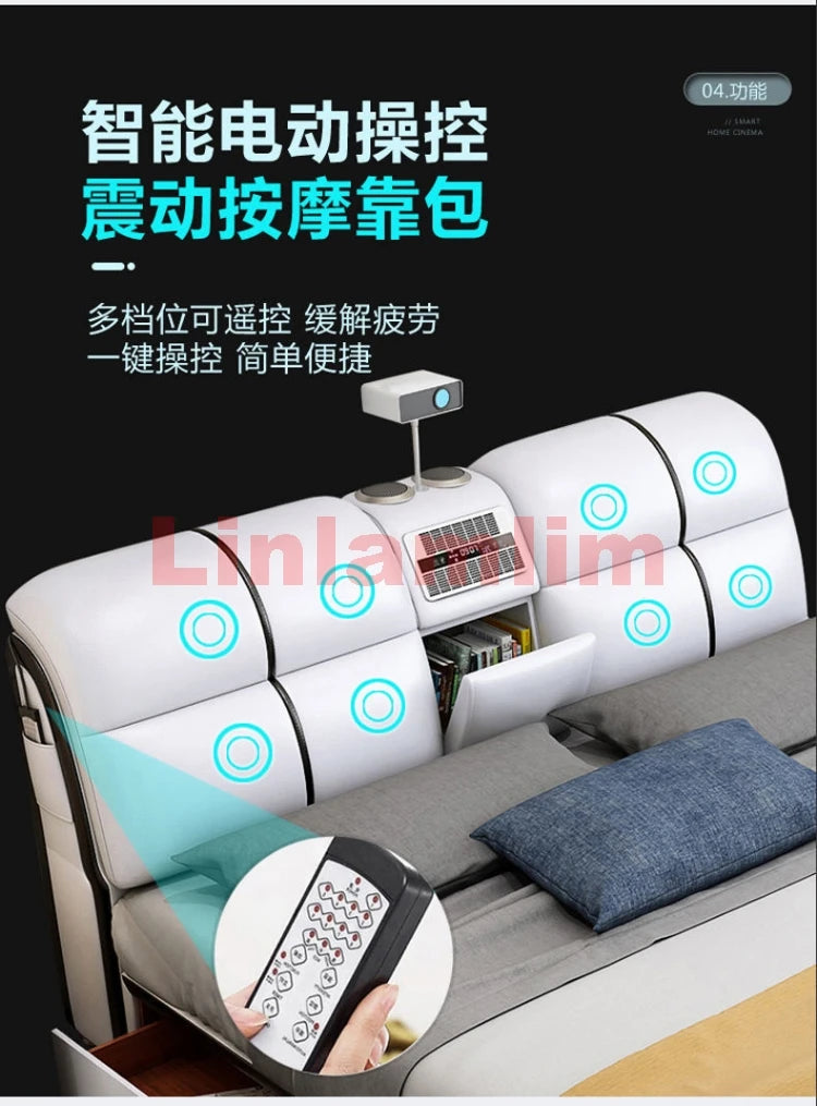 MINGDIBAO Tech-Smart Multifunctional Bed Genuine Leather Ultimate Camas Tatami Lit with Massage, Projector, Air Purifier,Speaker