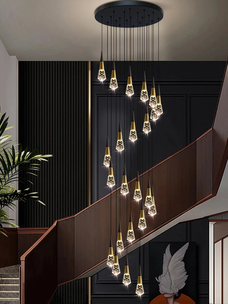 Modern Staircase Chandelier Black Gold Ceiling Hang Lamps Nordic Ceiling Lights for Living Room Creative Crystals Pendant Light