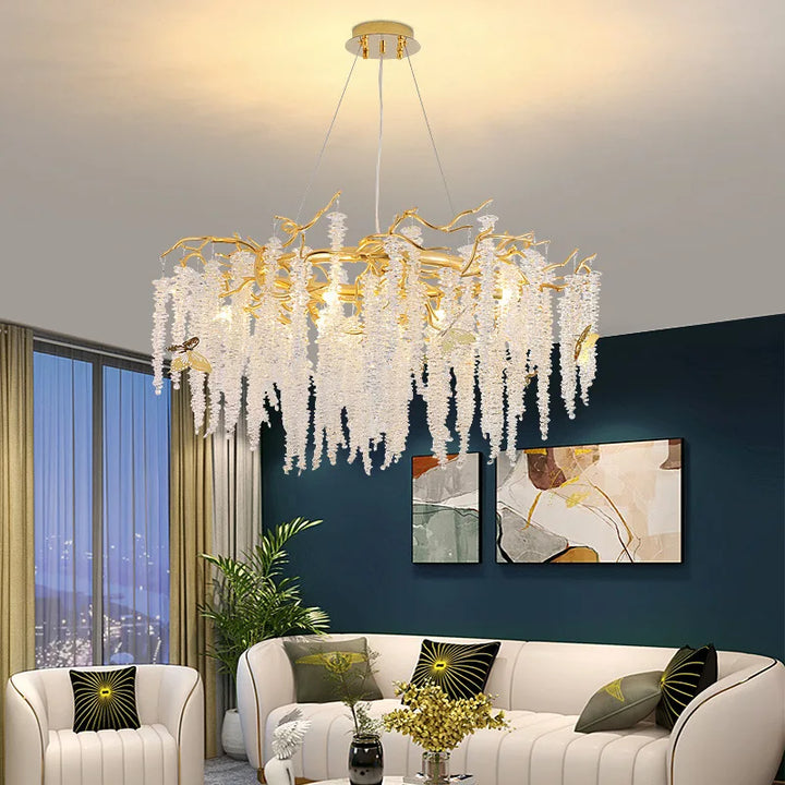 Modern Crystal Chandeliers Luxury Crystals Long Round LED Pendant Lamp for Living Hotel Hall Tassel Hanging Ceiling Chandelier