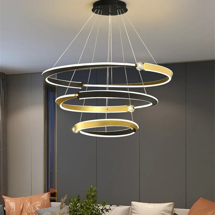 Led Black Gold Ceiling Chandeliers Multiple Ring Pendant Lights for Dining Room Bedroom Villa Home Decor Aluminum Crystal Lamps