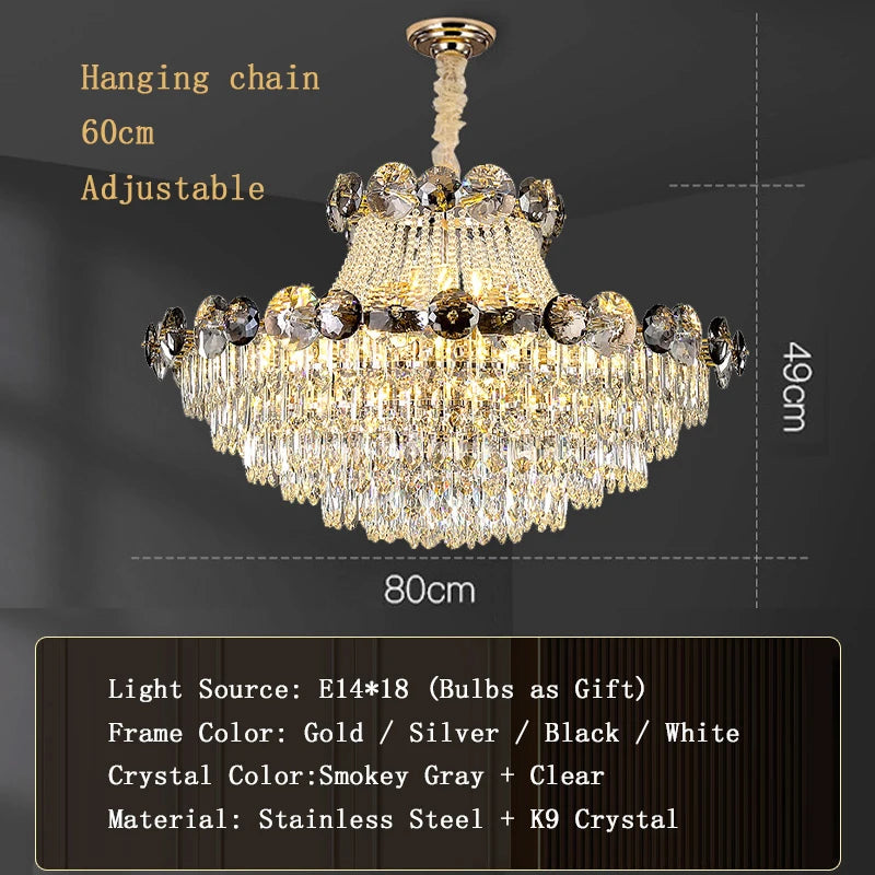 Smokey Gray Crystal Luxury LED Ceiling Chandeliers for Living Room Decor 2023 New Lamps for Ceiling Modern Home Lighting Lustre