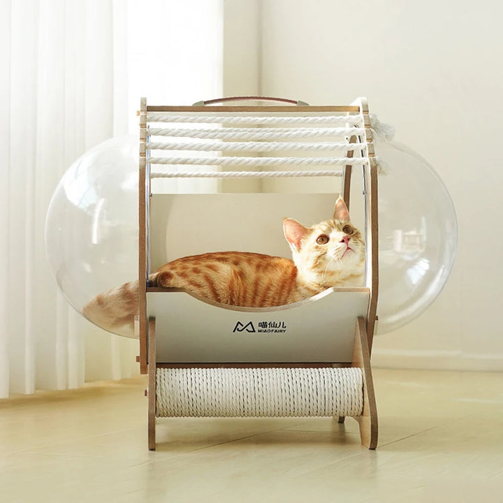 Space Capsule Cat Bed Transparent Cat Nest Pet Cat House Capsule Space 360° No Dead Angle Portable Scratch Board for Cats