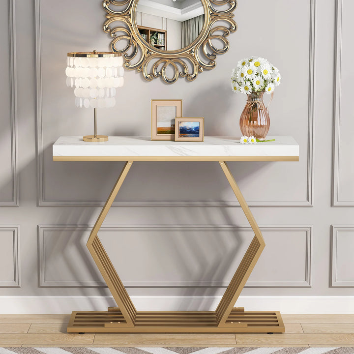 Tribesigns 42 inches Modern Gold Console Table with Geometric Metal Base, White Faux Marble Narrow Entryway Table Foyer Table