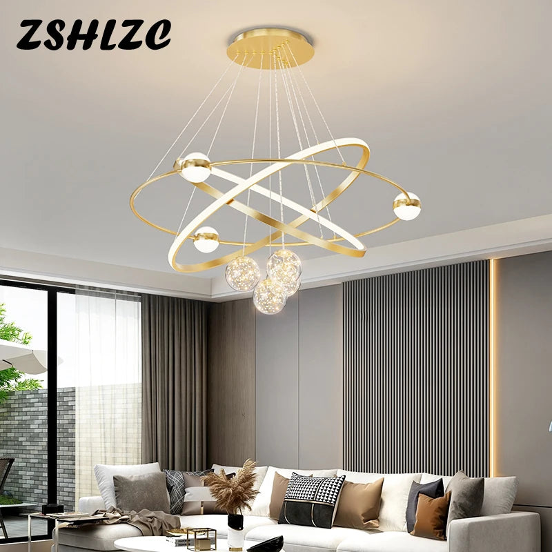 Modern Round Rings Led Chandelier Home Lighting Ceiling Mounted For Living Room Bedroom Hanging Lamp Gold&White Color Light 220V