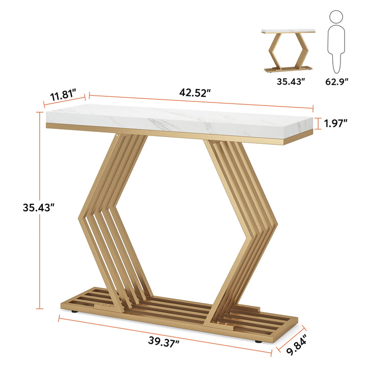 Tribesigns 42 inches Modern Gold Console Table with Geometric Metal Base, White Faux Marble Narrow Entryway Table Foyer Table