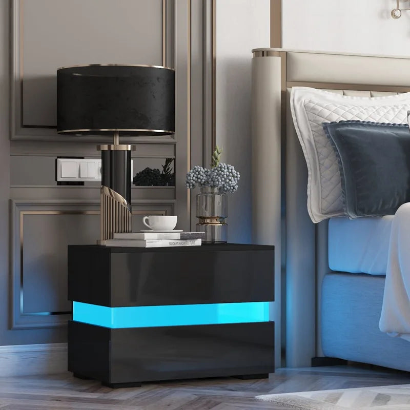 Nordic Bedside Cabinet Black Bedside Table With 2 Drawers LED High Gloss Modern Nightstands For Bedroom Living Room Furniture