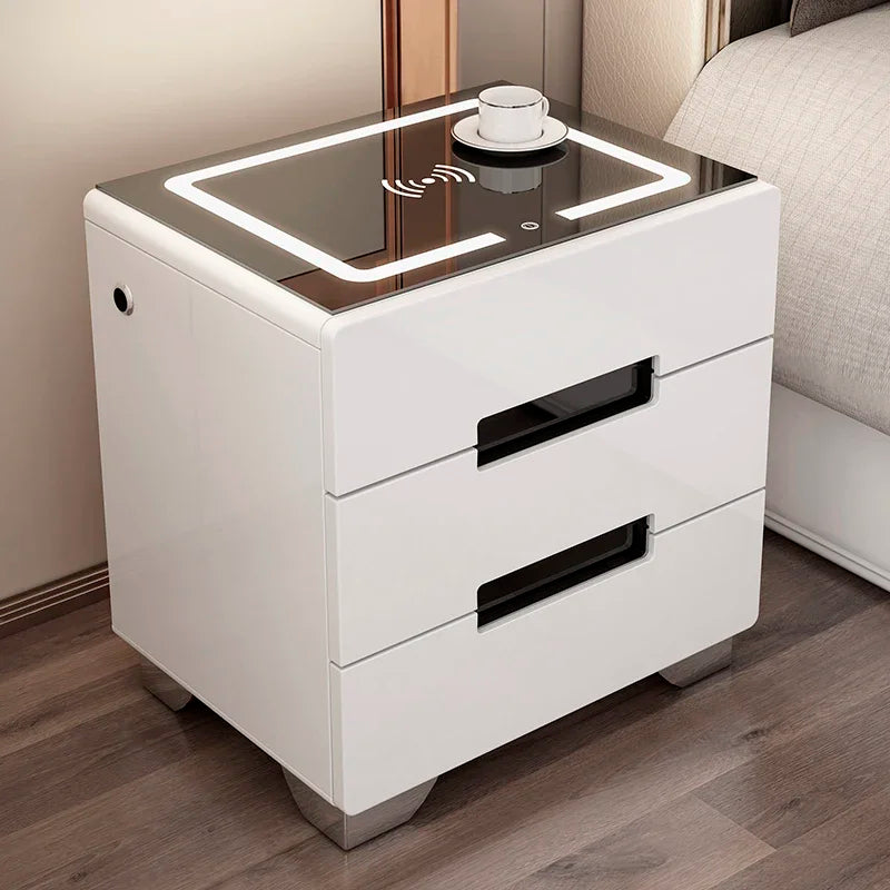 Luxury Wood Mobile Nightstands Smart Librarymodern Bedside Table With Wireless Charger Narrow Criado Mudo Room Furniture HY50