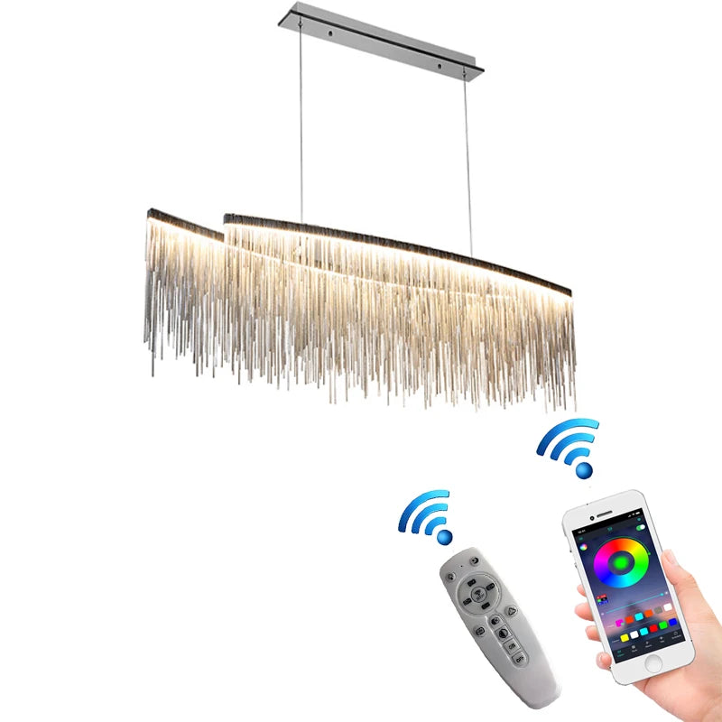 Minimalist Modern LED Tassel Chain Chandeliers Remote Control Luxury Hanging Pendant Lights Living Room Restaurant Lustre Lamp