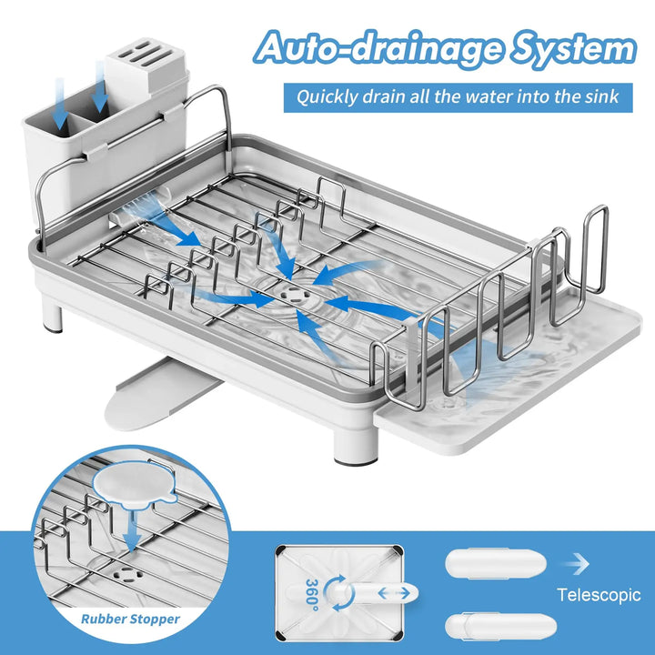 Kitchen Dish Drying Rack with Drainboard,Stainless Steel over Sink Dryer,Cup Utensils Holder,Plate Drainer Storage Organizer