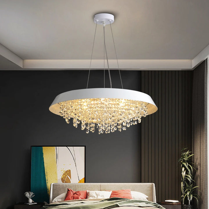 Modern LED Crystal Chandeliers Round Hanging Pendant Lights Living Dining Room Kitchen Cristal Suspension Lighting Fixture White