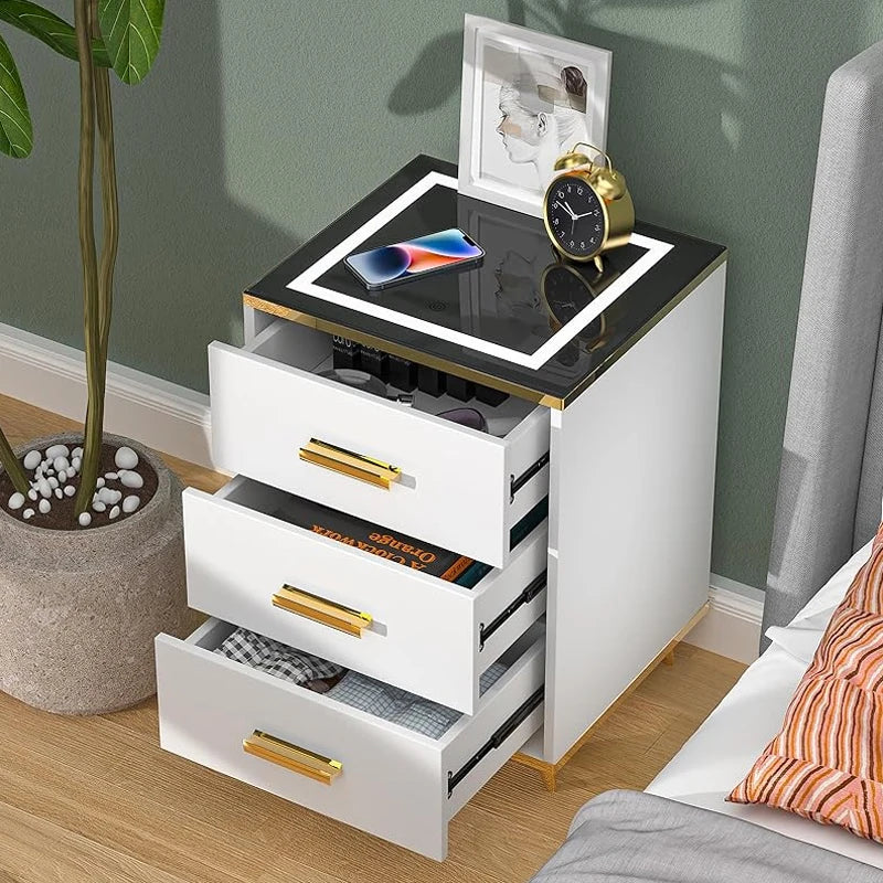 Nightstands With Socket USB Smart Touch LED Bedside Table Living Room Lighting White Bedside Table Cabinet Table 3 Drawers