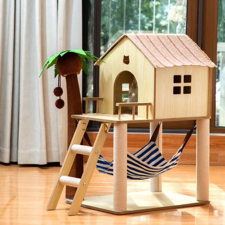 Luxury Cat House Two-Storey Villa Pet Cat Beds Hammock Coconut Tree House Wooden Pet Condos With Stairway Cat Scratching Posts