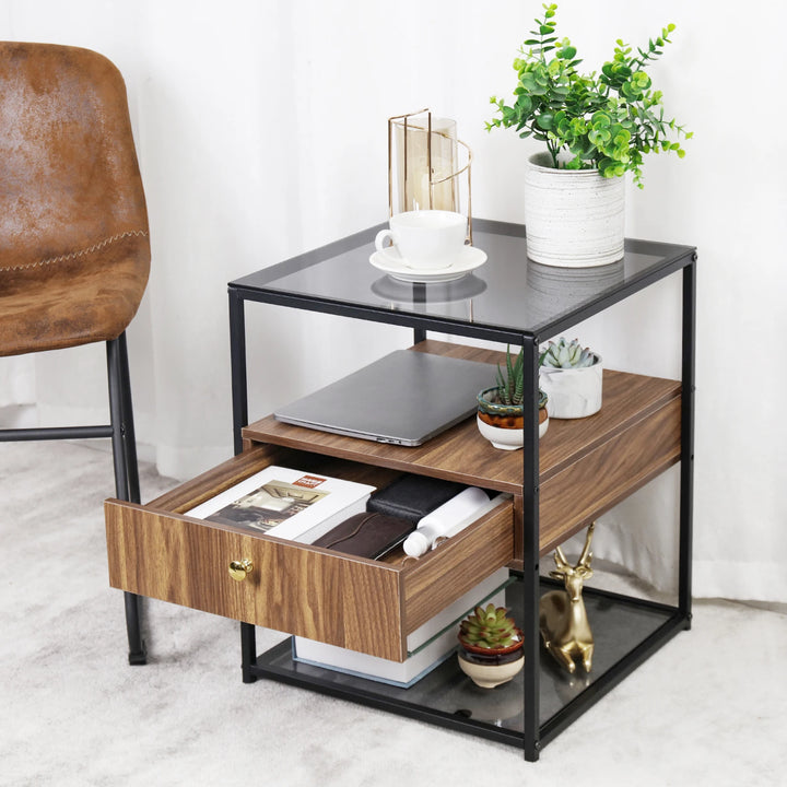 Tempered Glass Nightstand Side Table with Drawer and Shelf