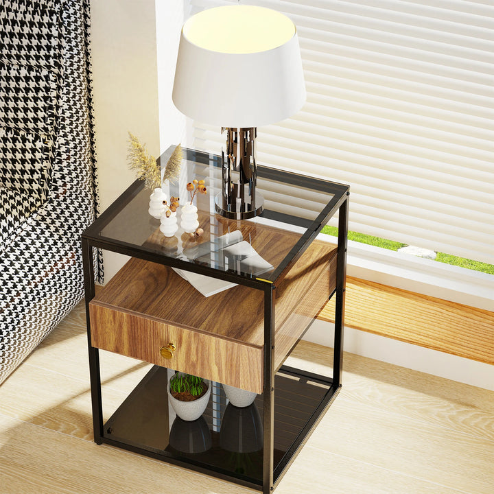 Tempered Glass Nightstand Side Table with Drawer and Shelf