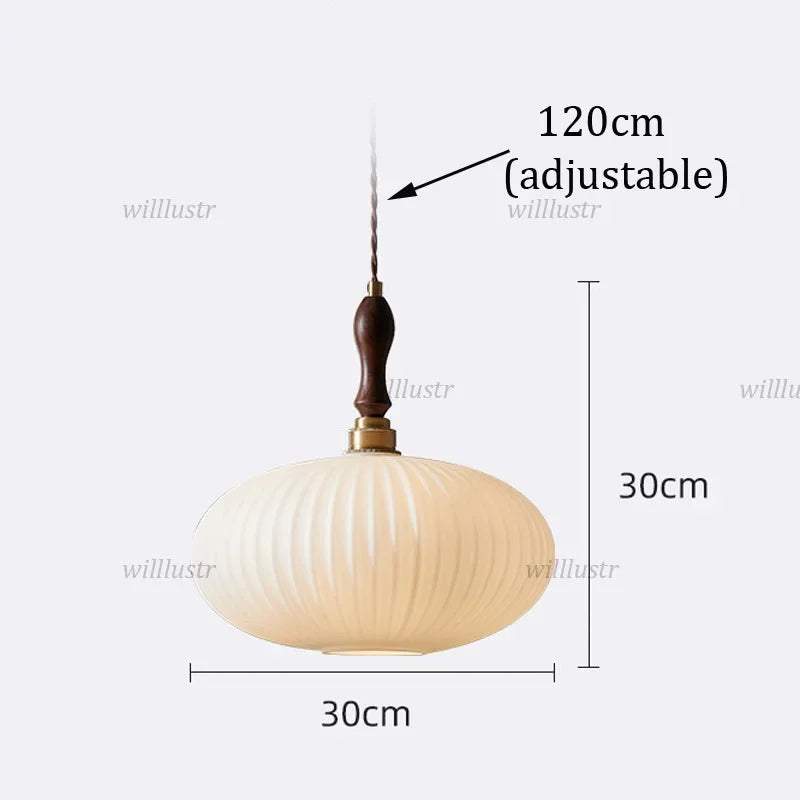 Mouth-Blown Glass Pendant Lamp Walnut Wood Copper Ceiling Chandelier Hotel Cafe Living Bedroom Oval Suspension Hanging Lighting