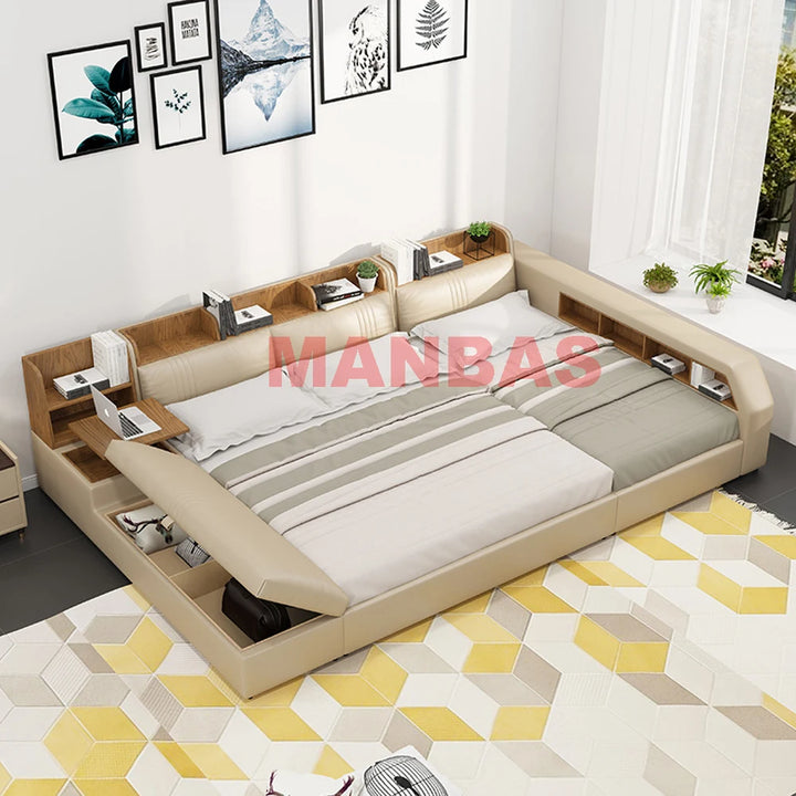 Genuine Leather multifunctional rectangle bed frame ultimate camas child and mother beds Second child bed Double lit кровать дву