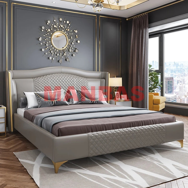 MANBAS Genuine Leather Bed Nordic Double Size Rectangle Bed Frame Nordic King/Queen Size Wedding Lits Designer Upholstered Cama