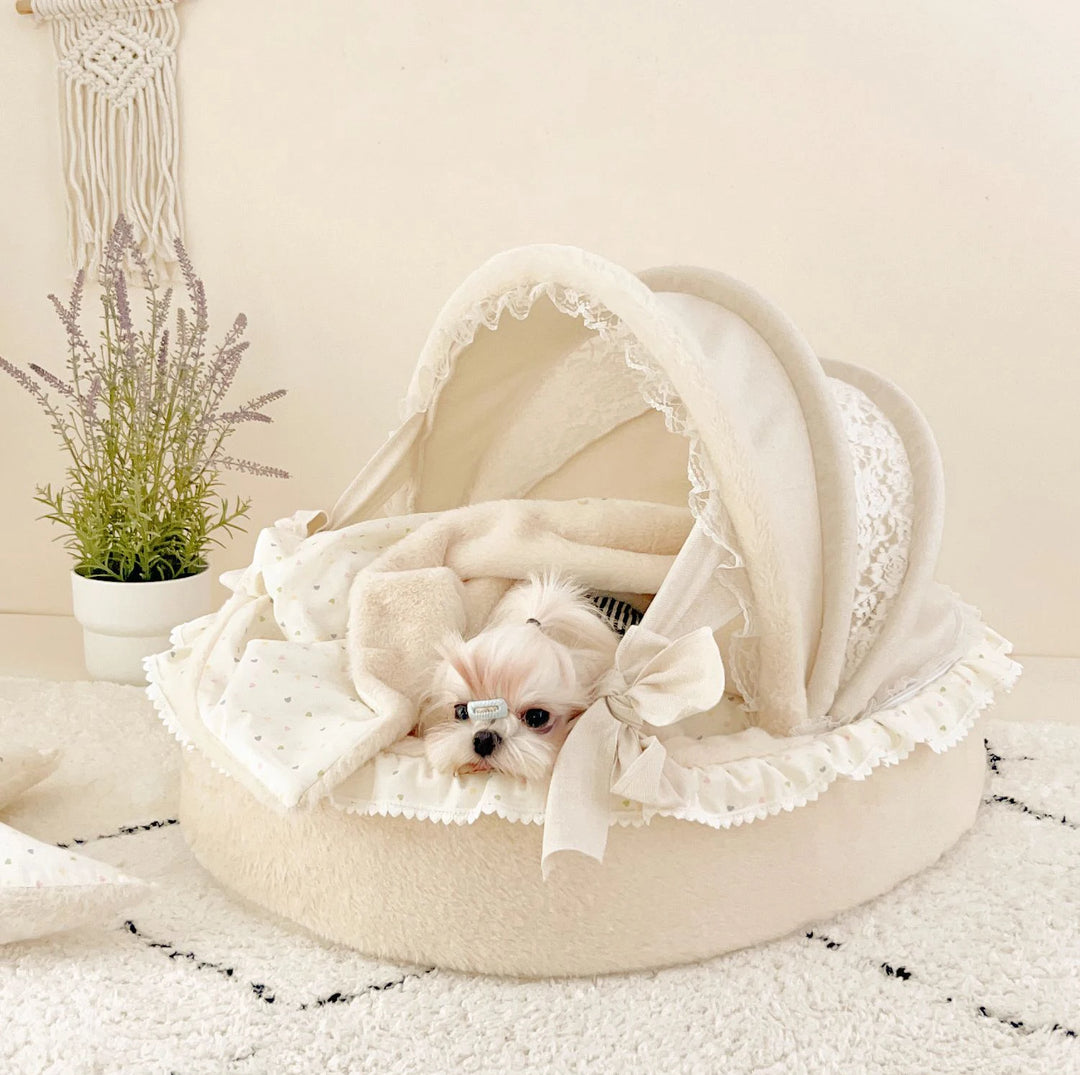 Pet Cradle Bed with Cotton Puppy Kitten Princess Bed - Pet Sofa, Dog Cushion Puppy Cradle Bed, Morandi Beige