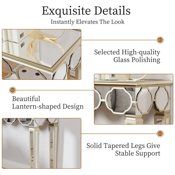 Rectangular Mirrored Console Table Mirror Entryway Table Lantern-shape Pattern with Gold Rim Modern Home Furniture 4 Legs