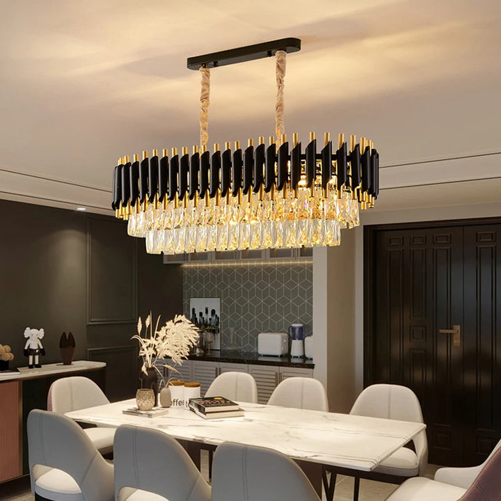 Modern LED Luxury Black Gold Crystal Chandeliers for Living Room Dining Room Lustre Hanging Pendant Lamp Indoor Lighting Fixture