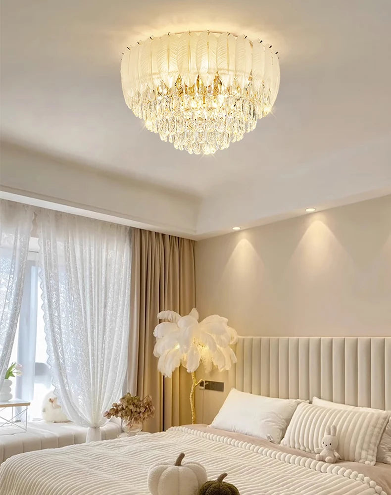 Guangdong Feather Golden Round Starry Shining Adjustable Ceiling Lamp Lighting Living Room Bedroom Lustre Luxury