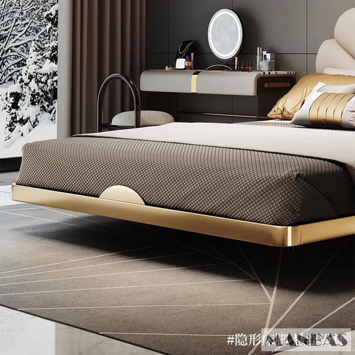 MINGDIBAO Genuine Leather Suspended Bed with Sensor Light, Double Rectangle Petal Bed Frame with Stainless Steel, Nordic Camas