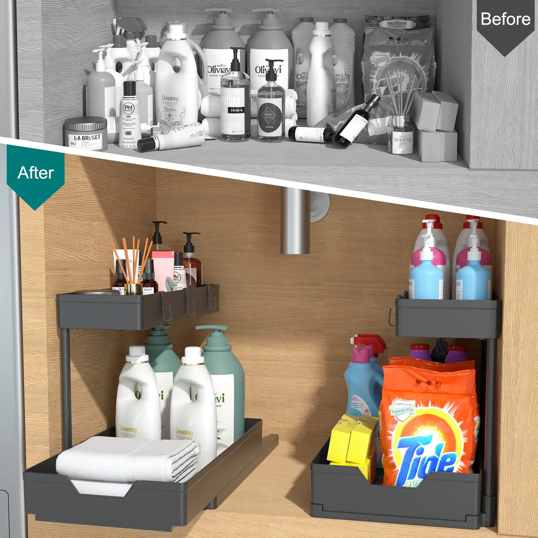 2-Tier Under Sink Organizers and Storage, Sliding L-shape Under Bathroom Kitchen Cabinet Organizers Narrow Space Sink Organizer