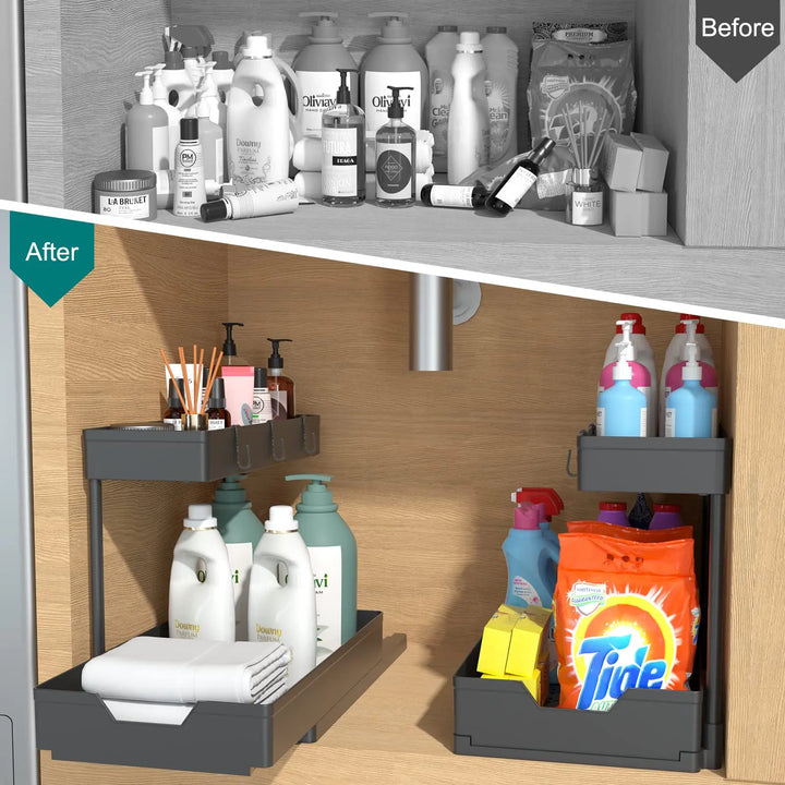 2-Tier Under Sink Organizers and Storage, Sliding L-shape Under Bathroom Kitchen Cabinet Organizers Narrow Space Sink Organizer