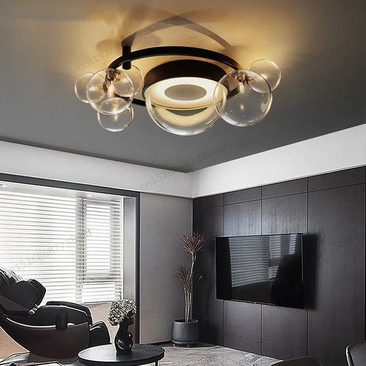 Led Ceiling Light Modern Glass Bubble Living Room Ceiling Light Black Iron Creative Design Hanging Ceiling Lamp Round