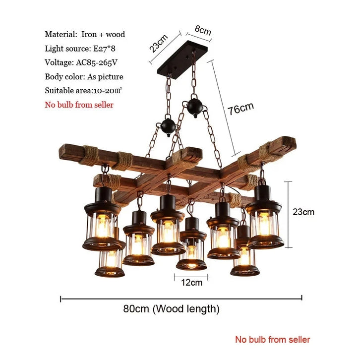 Retro Wood Pendant Lights 8 Head Vintage Industrial Loft Glass Iron LED Chandelier Suspension Lamp Wooden Droplight