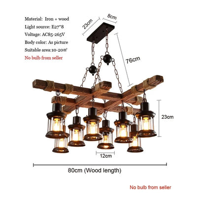 Retro Wood Pendant Lights 8 Head Vintage Industrial Loft Glass Iron LED Chandelier Suspension Lamp Wooden Droplight