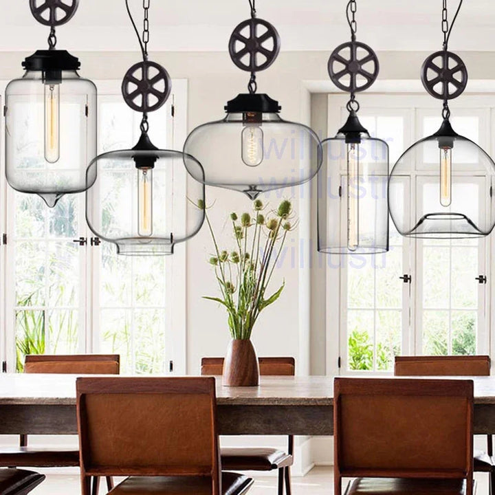 Clear Glass Pendant Lamp Transparent Wheel Suspension Light Home Dining Room Restaurant Hotel Loft Hanging Ceiling Chandelier