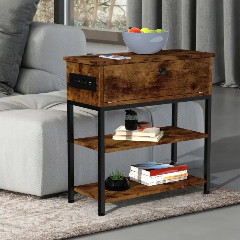 Wooden Bedside Table With Socket Multifunctional Durable Home Storage Bedside Locker Furniture Creative Retro Bedroom Nightstand